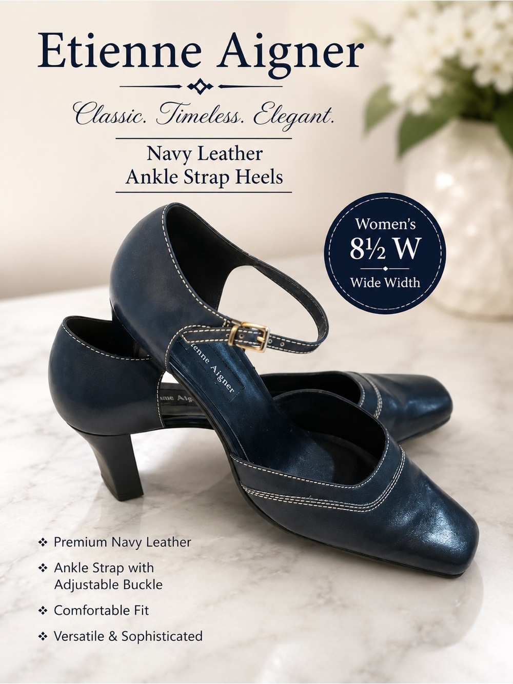 Etienne Aigner Navy Blue Leather Ankle Strap Heels | Women’s 8.5 Wide